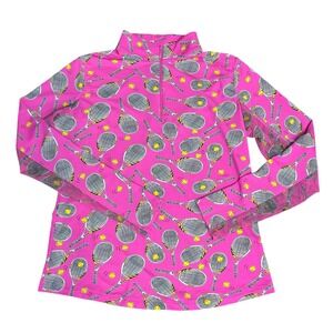 Ibkul Sz M Tennis Print 1/4 Zip Long Sleeve Pullover Top Pink UPF Mesh Under Arm